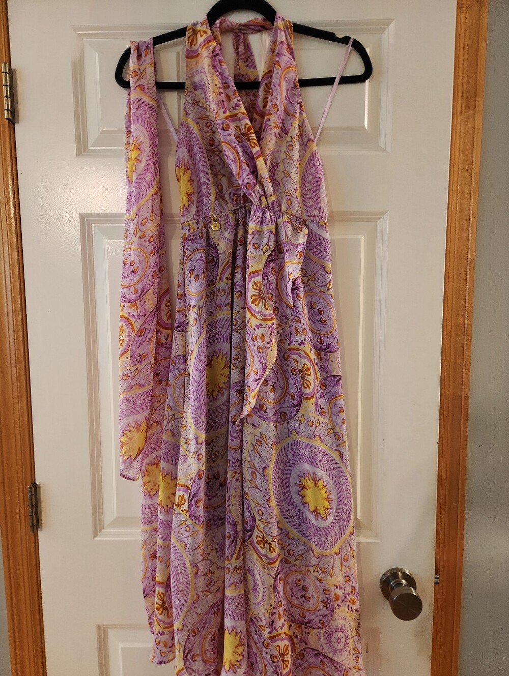 Boho Lavender & Yellow Paisley Halter Maxi Dress, Size Small